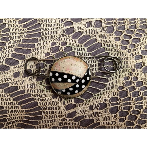 Vintage Shawl Pin Doubled Sided Enamel XL Safety Pin Boho New Wave Vintage 1980s - Picture 1 of 3